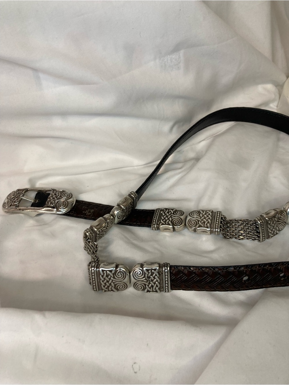 Brighton Brown Woven Leather Belt with Ornate Silver Hardware